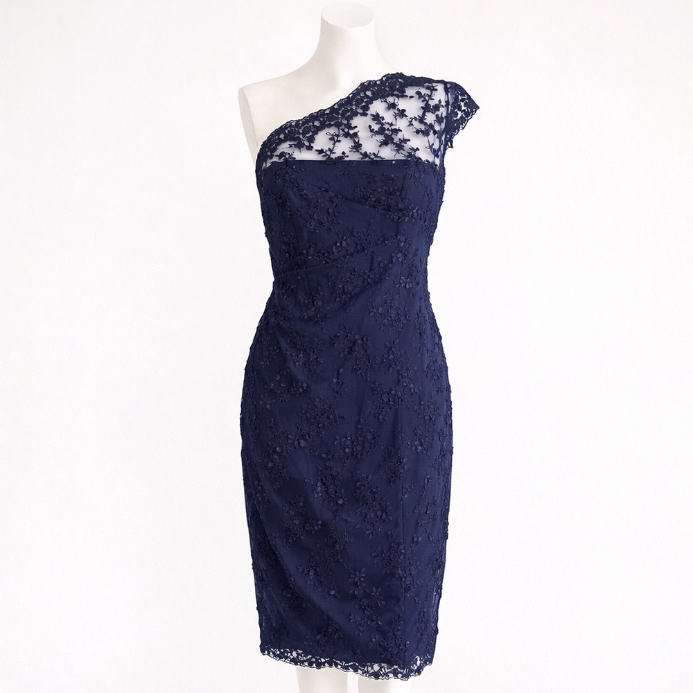David Meister Navy Lace One Shoulder Cocktail Dress Corset Built-In Size 14